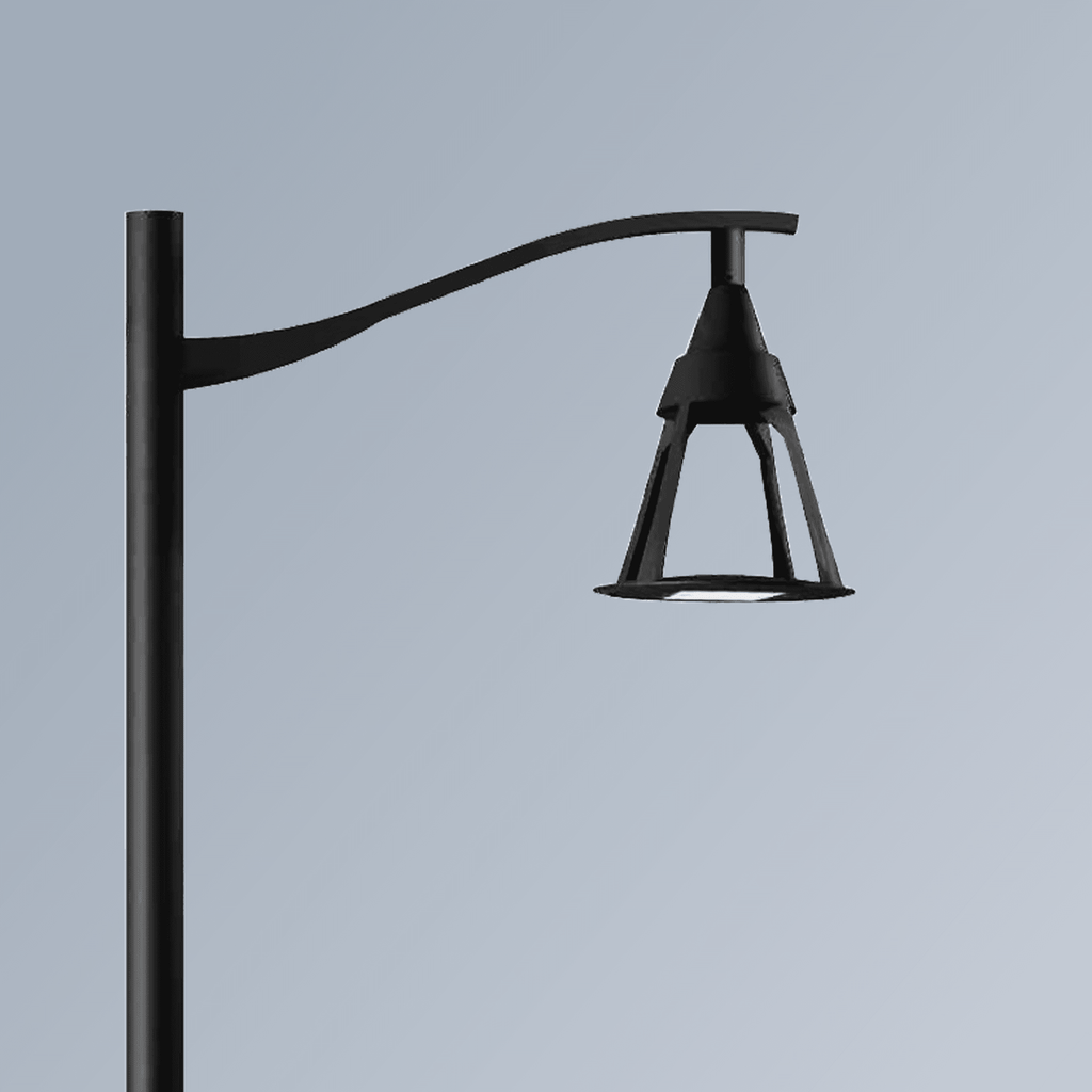 AEH3 Modern Black LED Garden Post Light Mounted on Single Curved Swan-Neck Arm Pole Showing Downward Cone Frame Lamp Head for Outdoor Pathway and Park Lighting