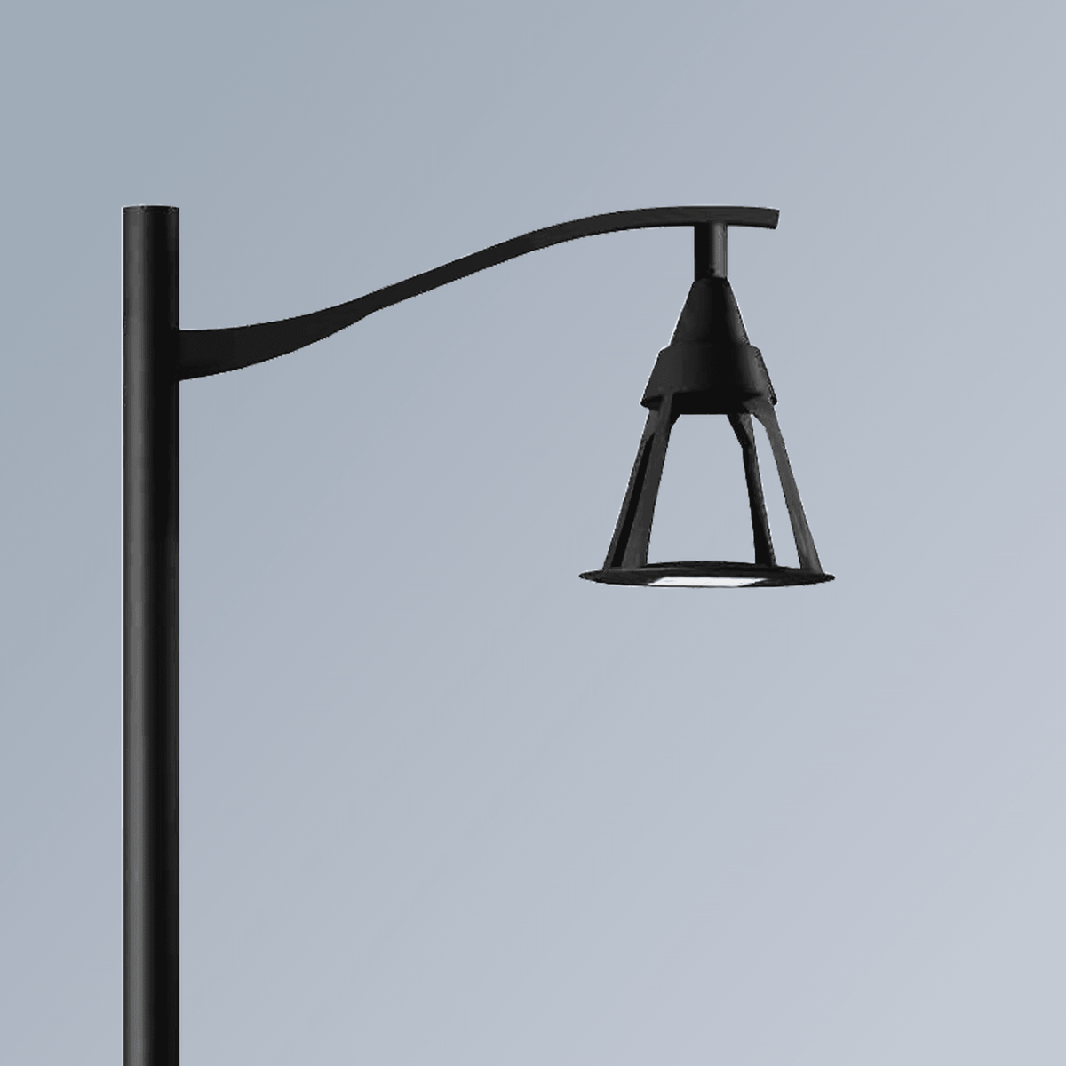 AEH3 Modern Black LED Garden Post Light Mounted on Single Curved Swan-Neck Arm Pole Showing Downward Cone Frame Lamp Head for Outdoor Pathway and Park Lighting