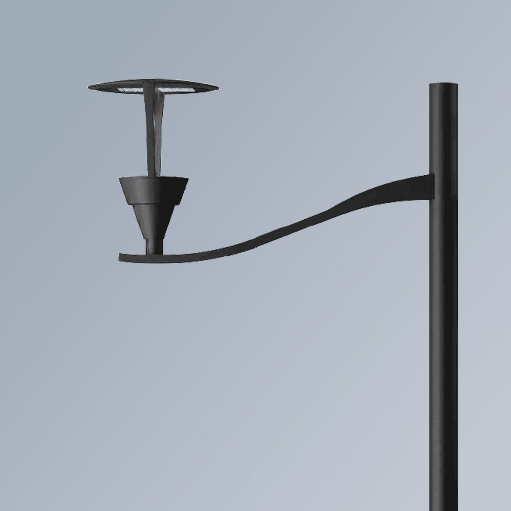 AEH3 LED Garden Post Light Mushroom-Style Round Disc Head Variant on Single Curved Arm Black Pole Showing Upward-Facing LED Panel for Plaza and Garden Area Lighting

