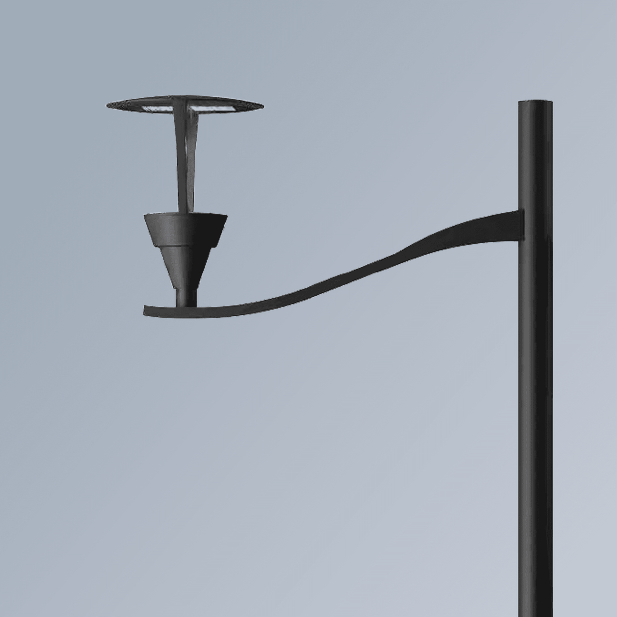 AEH3 LED Garden Post Light Mushroom-Style Round Disc Head Variant on Single Curved Arm Black Pole Showing Upward-Facing LED Panel for Plaza and Garden Area Lighting

