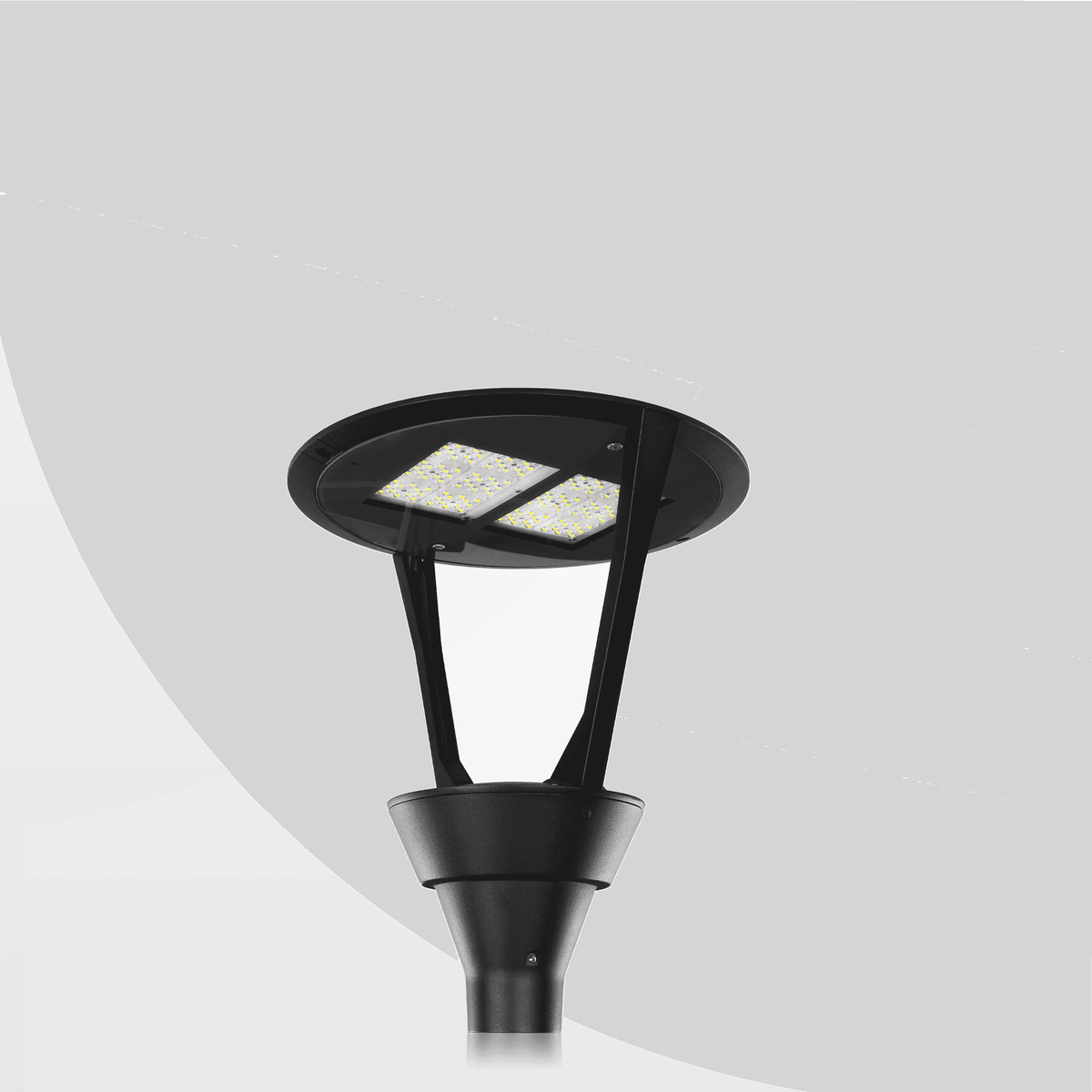 AEH3 LED Garden Post Light Mushroom Round Housing Close-Up Showing Dual Diamond SMD LED Module Array with Black Aluminum Frame and Pole Mount Base for Outdoor Lighting

