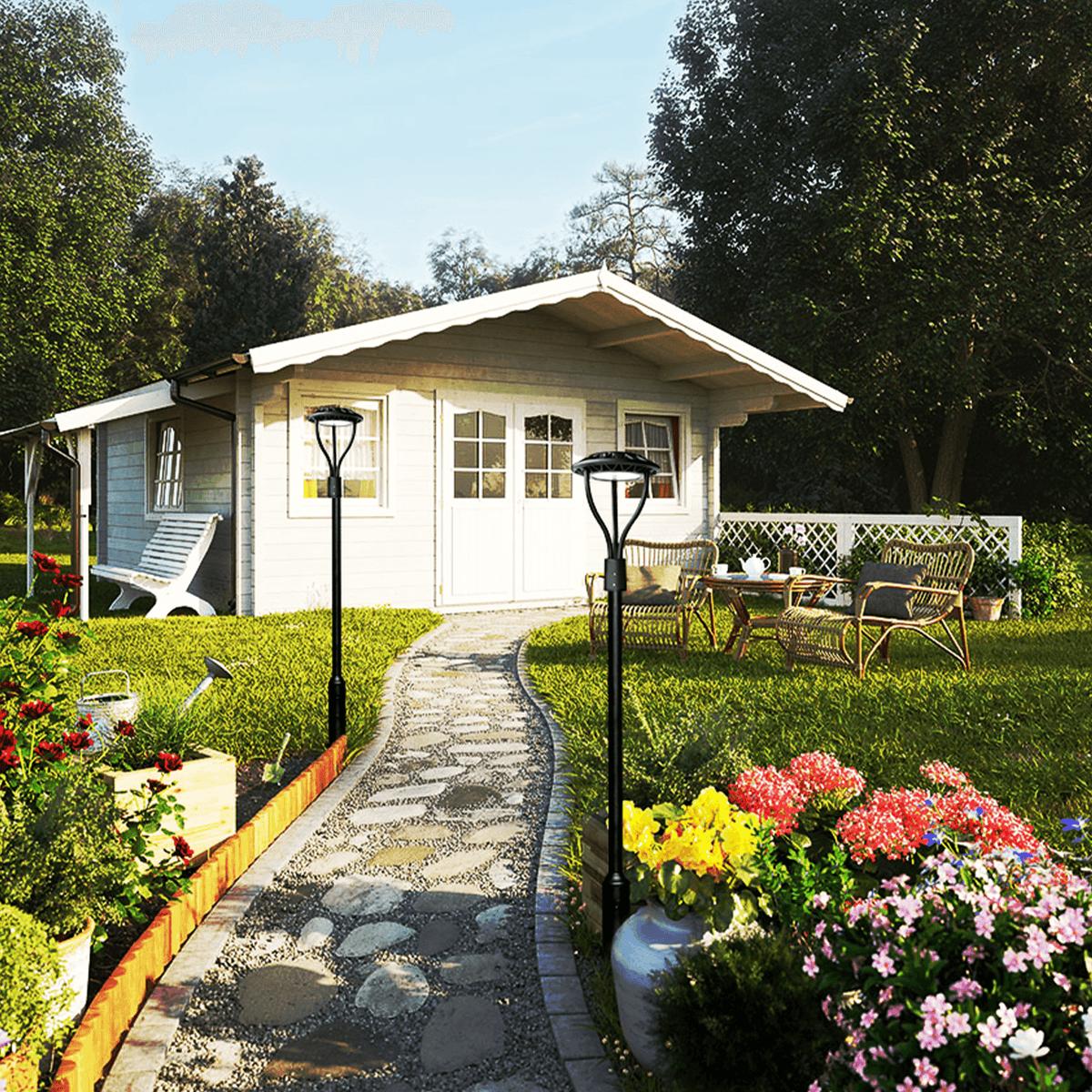 AEH2 LED Garden Post Light Dual Pole Installation in Cottage Garden Pathway with Colorful Flower Beds and Green Lawn for Residential Landscape Lighting

