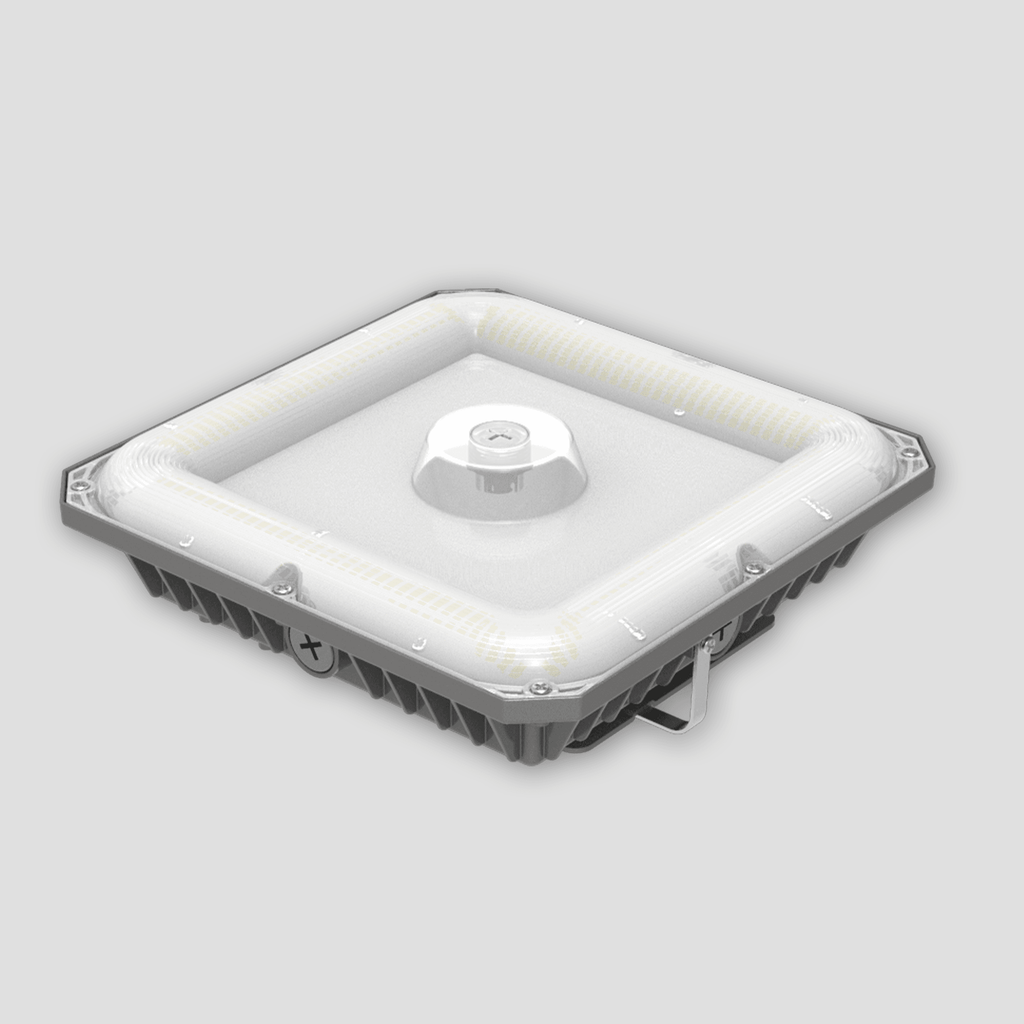 AEH5 LED Gas Station Canopy Light Isometric View on White Background Showing Square Aluminum Body with Square-Ring LED Light Panel Flat PC Diffuser and Central Microwave Sensor Dome for Outdoor Canopy Lighting
