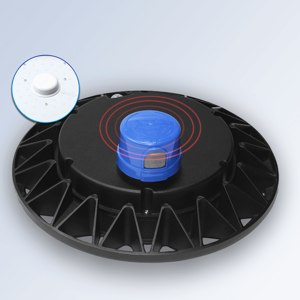 AEH2 LED Garden Post Light Top View Showing Built-In Dusk-to-Dawn Photocell Sensor and Radial Aluminum Fin Heat Sink for Auto On-Off Outdoor Lighting

