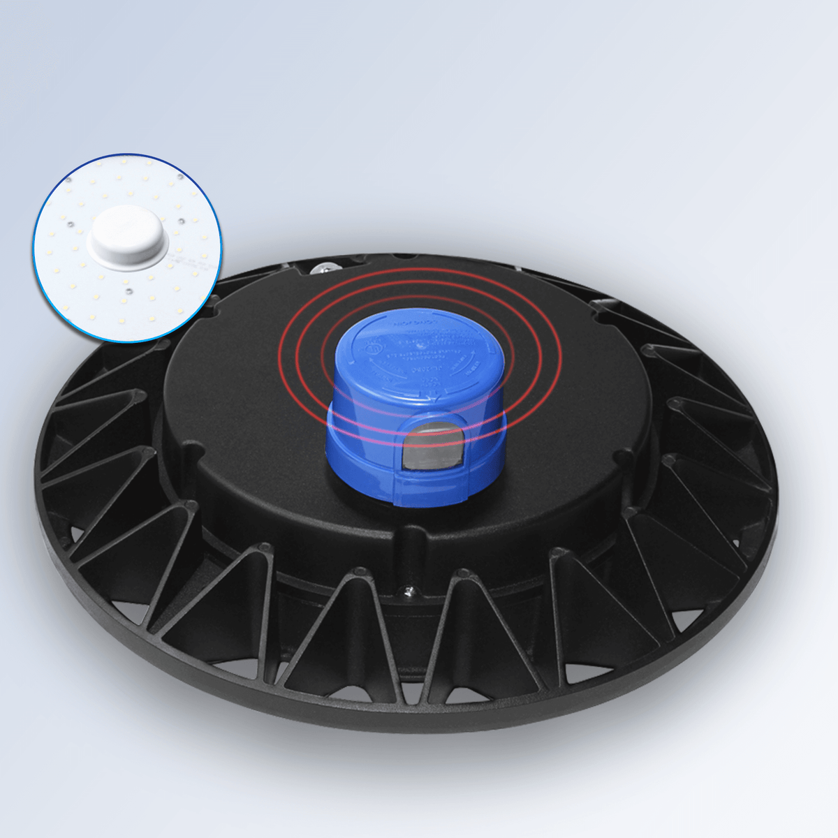 AEH2 LED Garden Post Light Top View Showing Built-In Dusk-to-Dawn Photocell Sensor and Radial Aluminum Fin Heat Sink for Auto On-Off Outdoor Lighting

