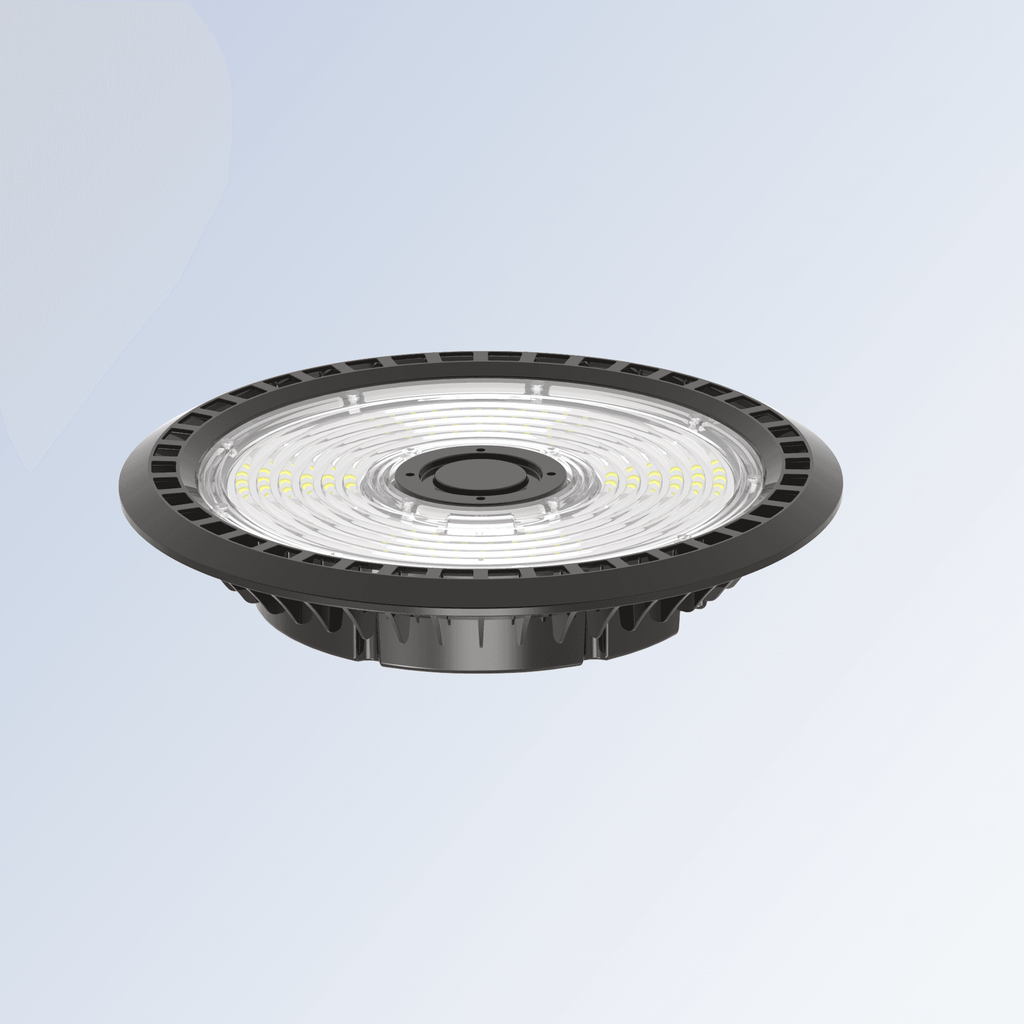 AEH1 LED Garden Post Light 50W-150W Side View Showing Round UFO Lamp Head with Finned Heat Sink and Tapered Pole Mount Connector