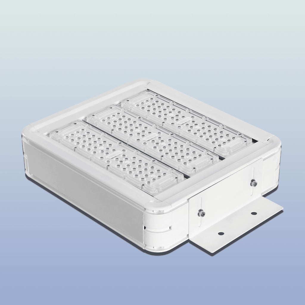 DCR2 LED Gas Station Canopy Light Isometric View Showing Three-Module SMD LED Array with Clear PC Lens and Flat Surface Mount Bracket for Outdoor Canopy Ceiling Installation