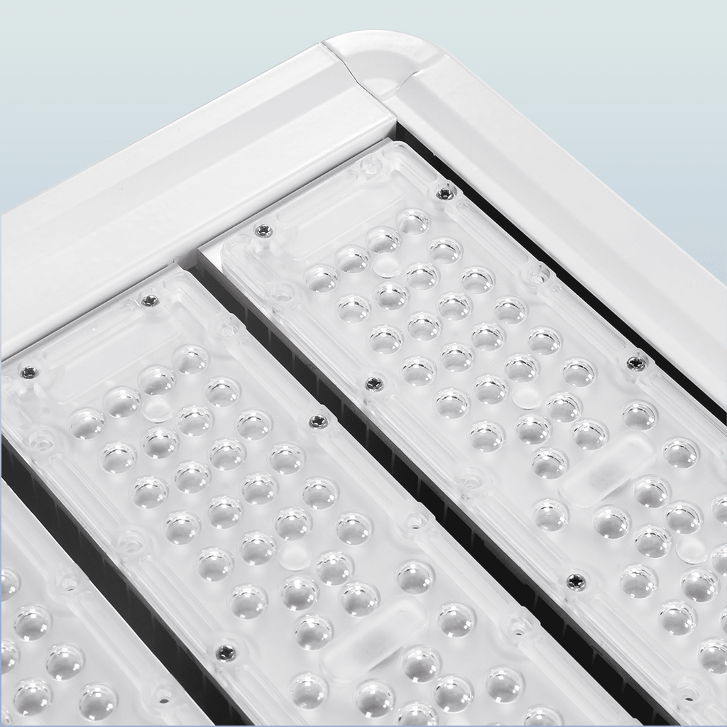 DCR2 LED Gas Station Canopy Light Close-Up of Three-Module High-Density SMD LED Array with Ball Lens PC Cover and White Aluminum Frame for Gas Station and Parking Canopy Lighting
