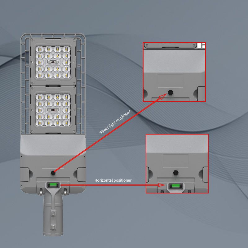 AEH6 LED Street Light Structure Detail Showing Built-In Respirator Valve and Horizontal Positioner for Precise Pole Angle Alignment

