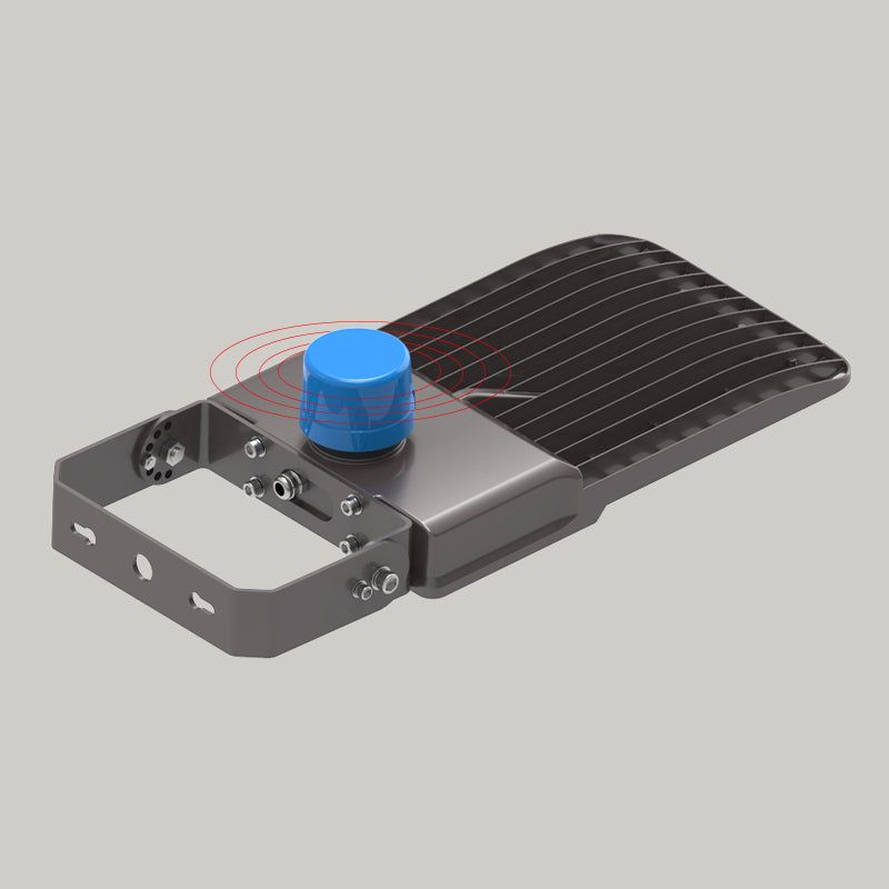 XH6 LED Street Light Rear View Showing Deep-Fin Aluminum Heat Sink Structure and Integrated Pole Mounting Arm for Efficient Thermal Management

