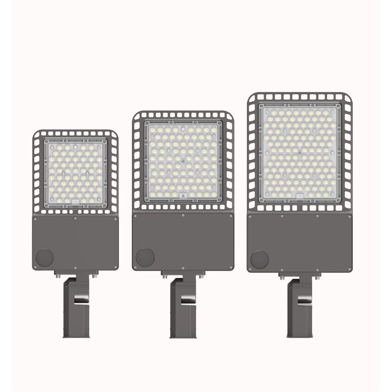 XH6 LED Street Light Size Comparison 100W 200W 300W Front View Showing Scalable SMD LED Panel and Pole Mount Arm for Different Road Widths

