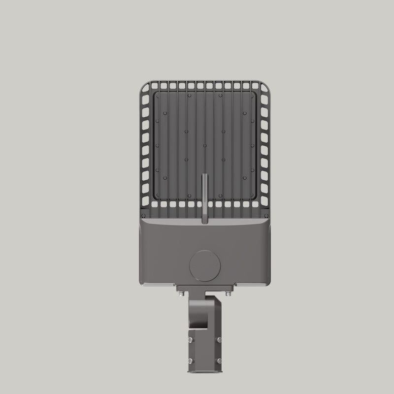 XH6 LED Street Light Rear View Showing Deep-Fin Aluminum Heat Sink Structure and Integrated Pole Mounting Arm for Efficient Thermal Management


