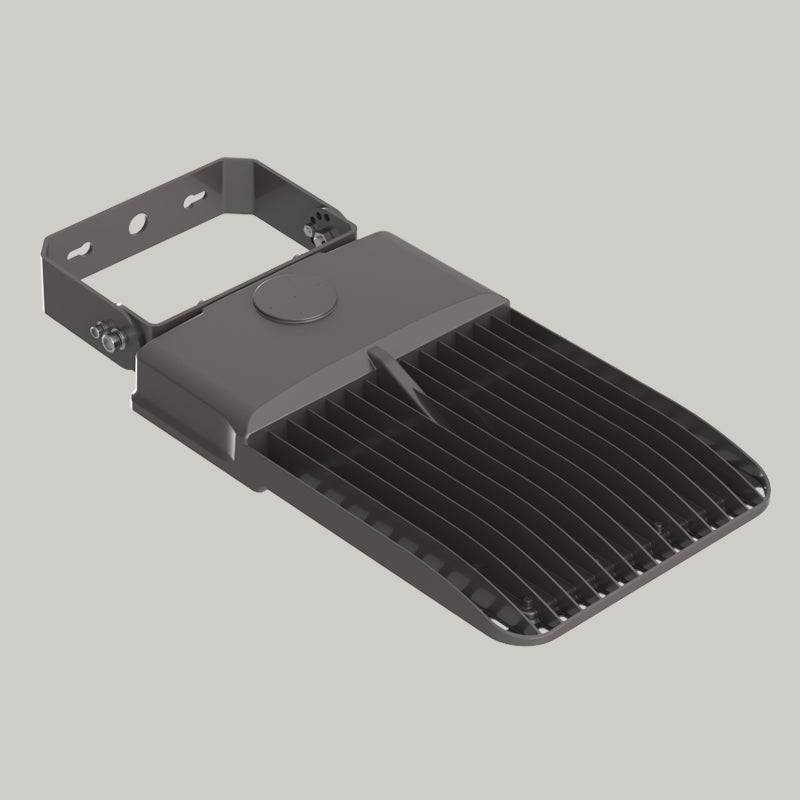 XH6 LED Street Light Isometric Back View Showing Heavy-Duty Steel Mounting Bracket and Ribbed Aluminum Heat Sink Housing

