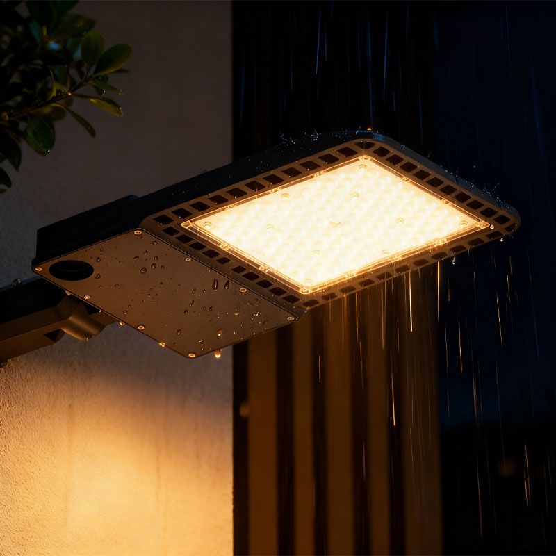 XH6 LED Street Light IP65 Waterproof Warm White Illumination in Heavy Rain Night Scene Mounted on Wall Bracket for Outdoor Road Lighting

