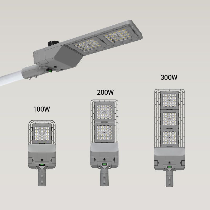 AEH6 LED Street Light Size Comparison 100W 200W 300W Modular Design with Scalable LED Panels for Different Road Lighting Requirements

