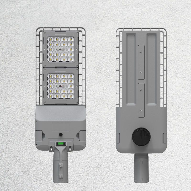 AEH6 LED Street Light Front and Back View Showing Dual SMD LED Module Panel and Finned Aluminum Heat Sink Housing with Mounting Arm

