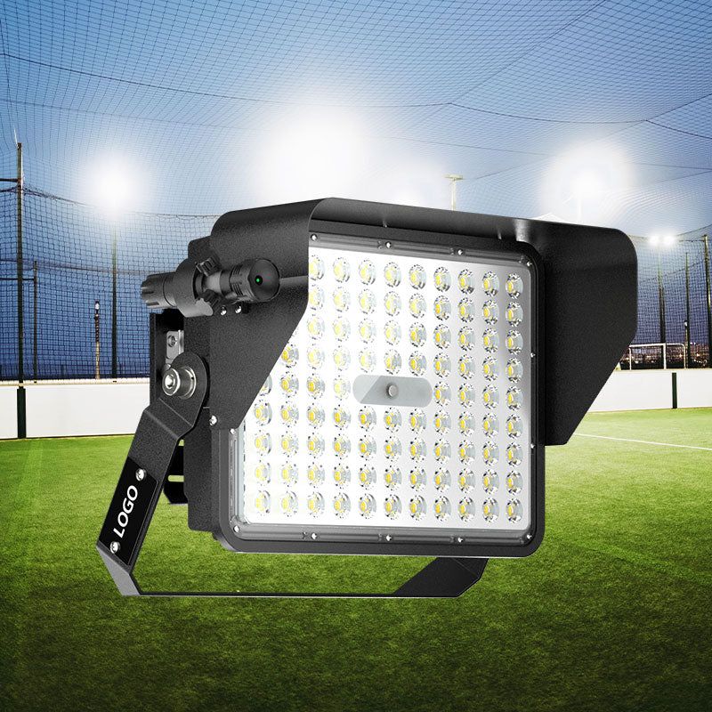 LED stadium flood light mounted on field, black die-cast aluminum, high brightness, adjustable angle for outdoor sports lighting, SKU: LS4