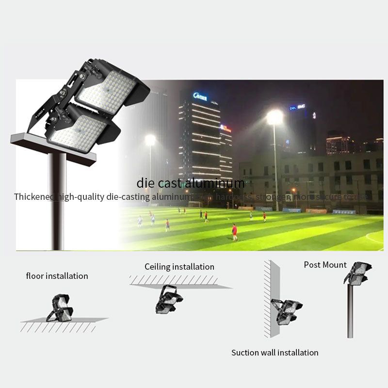 LED stadium flood light with die-cast aluminum housing, adjustable multi-module design, mounted on a tall pole illuminating a sports field at night