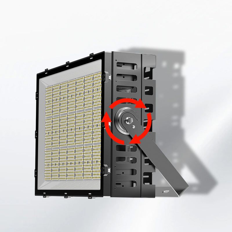 GF5 LED Tower Crane Flood Light Side View Showing 360-Degree Adjustable Rotating Bracket and Finned Aluminum Heat Sink