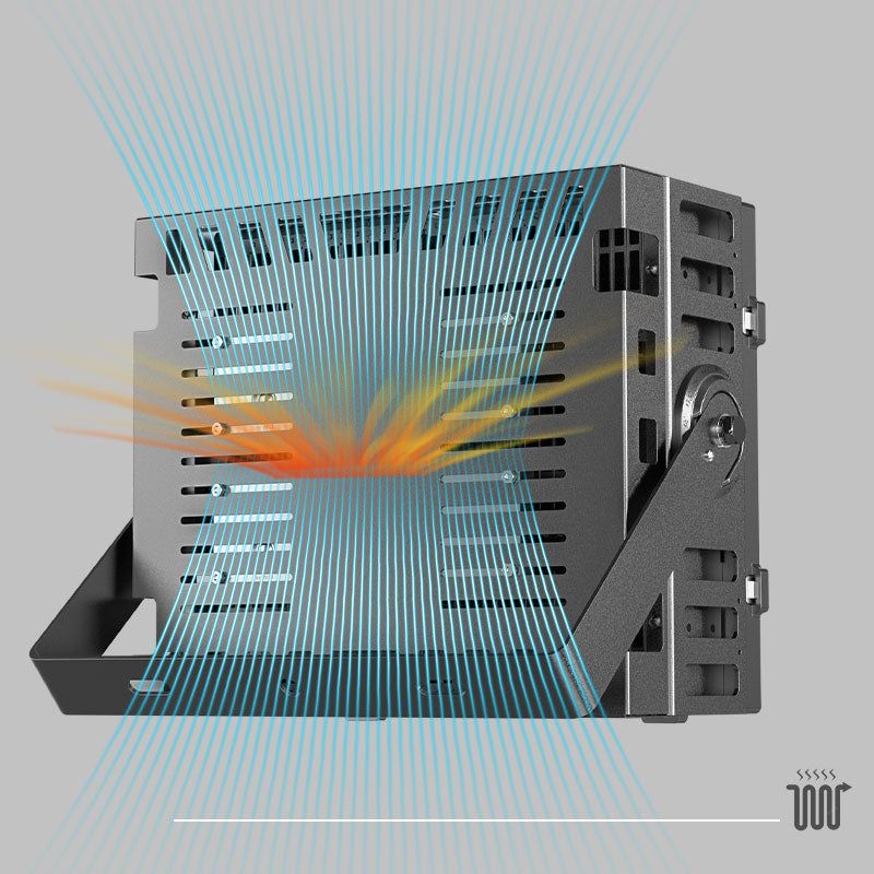 GF5 LED Flood Light Thermal Dissipation Diagram Showing Efficient Heat Conduction Through Aluminum Fin Heat Sink for Long Lifespan

