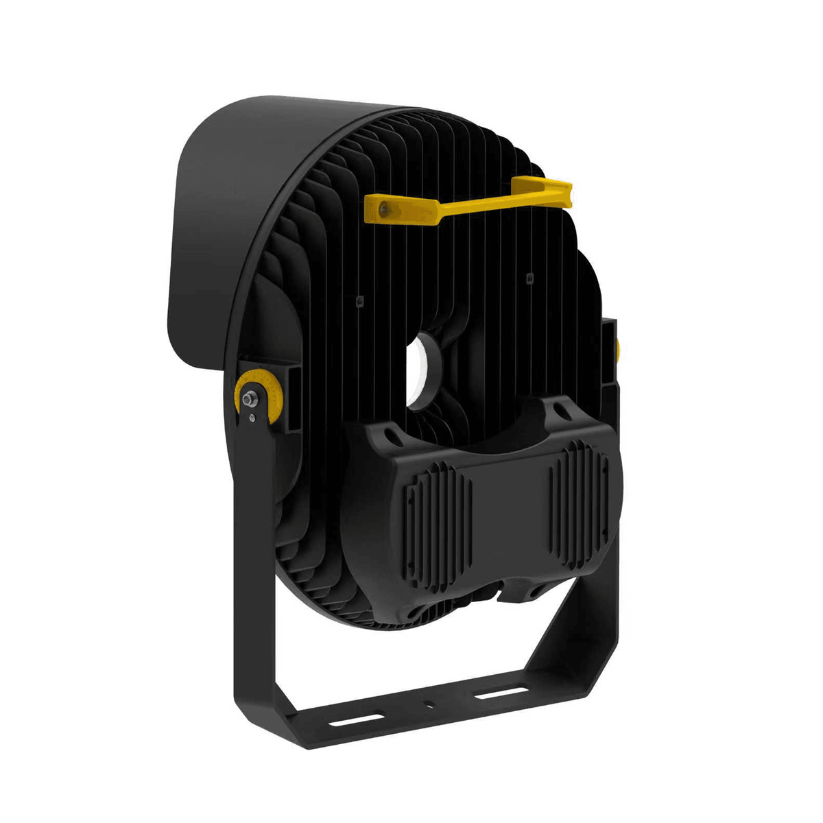 CL6 LED Sports Floodlight Rear Left Isometric View on White Background Showing Circular Finned Aluminum Heat Sink with Center Round Cable Entry Port Yellow Top Clamp Dual-Chamber Driver Housing Yellow Tilt Lock Knob and Square Pole Mount Base for High-Power Sports Lighting
