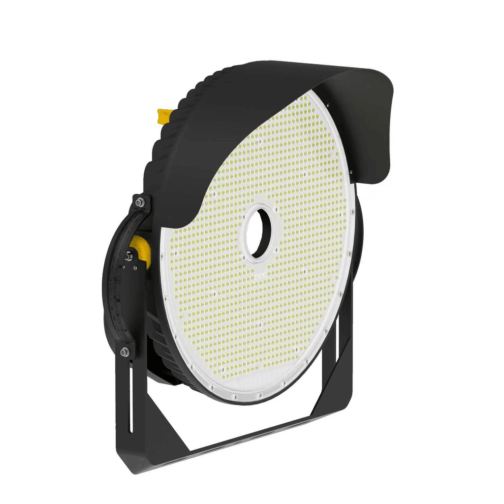 CL6 LED Sports Floodlight Front Isometric View on White Background Showing Large Circular High-Density SMD LED Panel with Center Round Cable Port Black Aluminum Visor Wings Yellow Driver Cover Top Yellow Angle Lock Knob and Square Pole Mount Base
