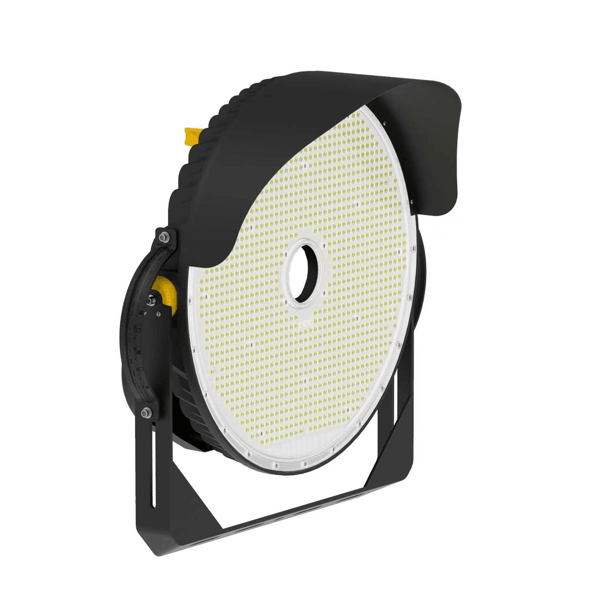 CL6 LED Sports Floodlight Front Isometric View on White Background Showing Large Circular High-Density SMD LED Panel with Center Round Cable Port Black Aluminum Visor Wings Yellow Driver Cover Top Yellow Angle Lock Knob and Square Pole Mount Base
