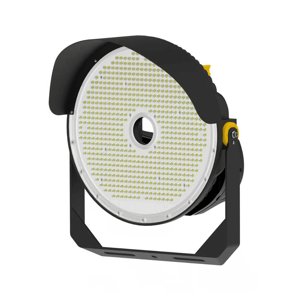 CL6 LED Sports Floodlight Front Right Isometric View on White Background Showing Large Circular SMD LED Panel with Center Cable Port Black Aluminum Visor Wings Yellow Top Driver Cover Yellow Angle Lock Knob and Square Pole Mount Base for Stadium Sports Field Flood Lighting
