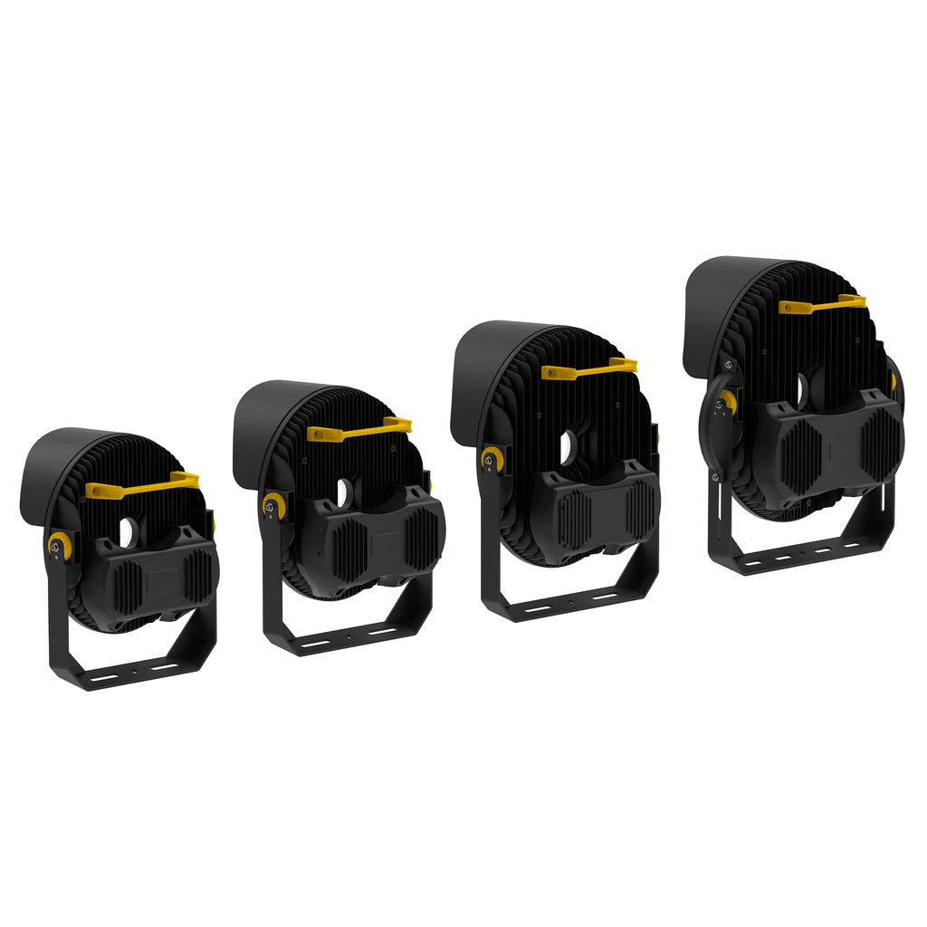 CL6 LED Sports Floodlight Four-Size Lineup Rear Isometric View on White Background Showing Small to Large Models with Circular Aluminum Finned Heat Sink Dual-Chamber Driver Housing Yellow Top Cable Clamp and Square Pole Mount Base for 300W to 800W Stadium Lighting
