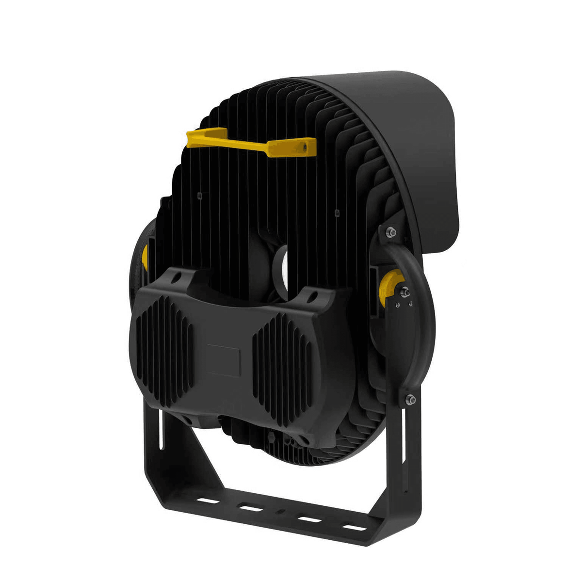 CL6 LED Sports Floodlight Rear View on White Background Showing Circular Aluminum Finned Heat Sink Shell Yellow Top Cable Clamp Dual-Chamber Waterproof Driver Box with Four Mounting Tabs Yellow Tilt Lock Knob Right Side and Square Pole Mount Bracket for Outdoor Stadium Flood Lighting
