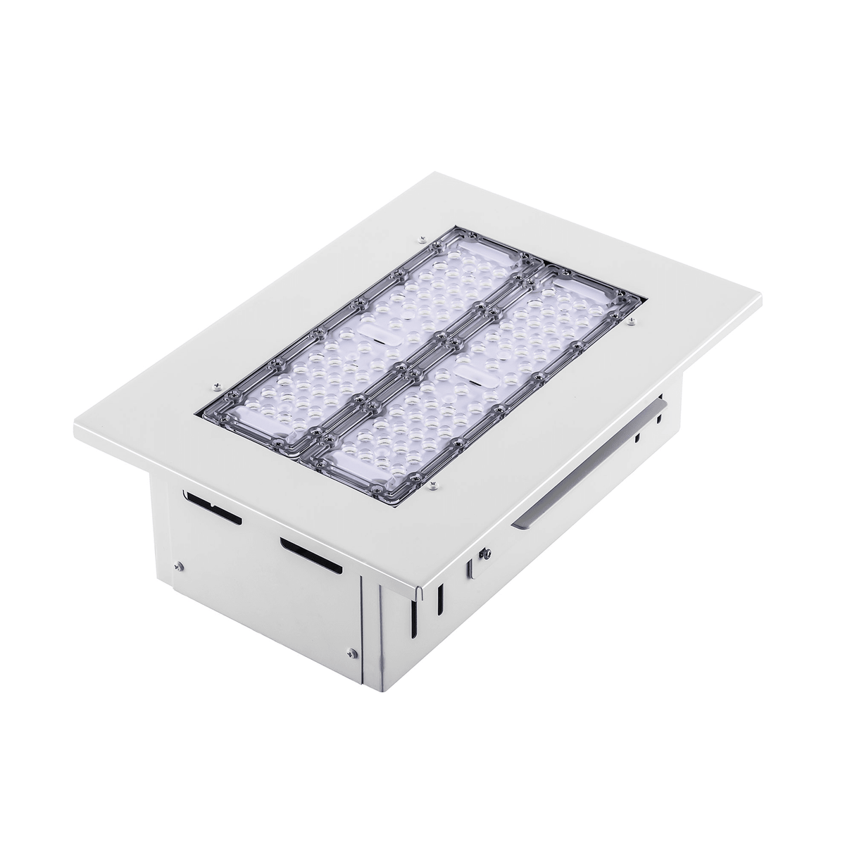 LQ1 LED Gas Station Canopy Light Large Three-Module Version Front Isometric View on White Background Showing Wide Rectangular Recessed White Aluminum Frame with Three-Row Wide Ball Lens SMD LED Array for High-Wattage Petrol Station Canopy Lighting
