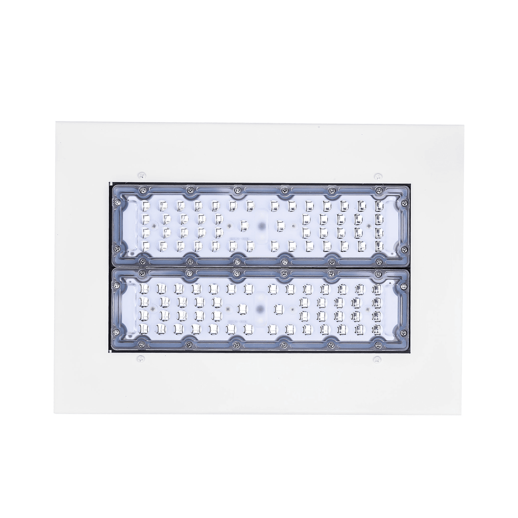 LQ1 LED Gas Station Canopy Light Two-Module Version Bottom Front View on White Background Showing Dual-Row Bare SMD LED Chip Array with Rectangular Recessed White Aluminum Frame for High-Brightness Gas Station Canopy Ceiling Lighting
