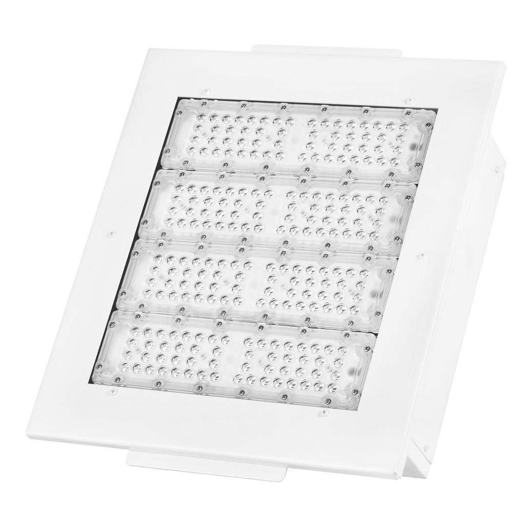 LQ1 LED Gas Station Canopy Light Six-Module Version Front Isometric View on White Background Showing Square Recessed White Aluminum Frame with 2x3 Ball Lens SMD LED Module Array and Four-Corner Flanges for High-Power Outdoor Gas Station Canopy Lighting
