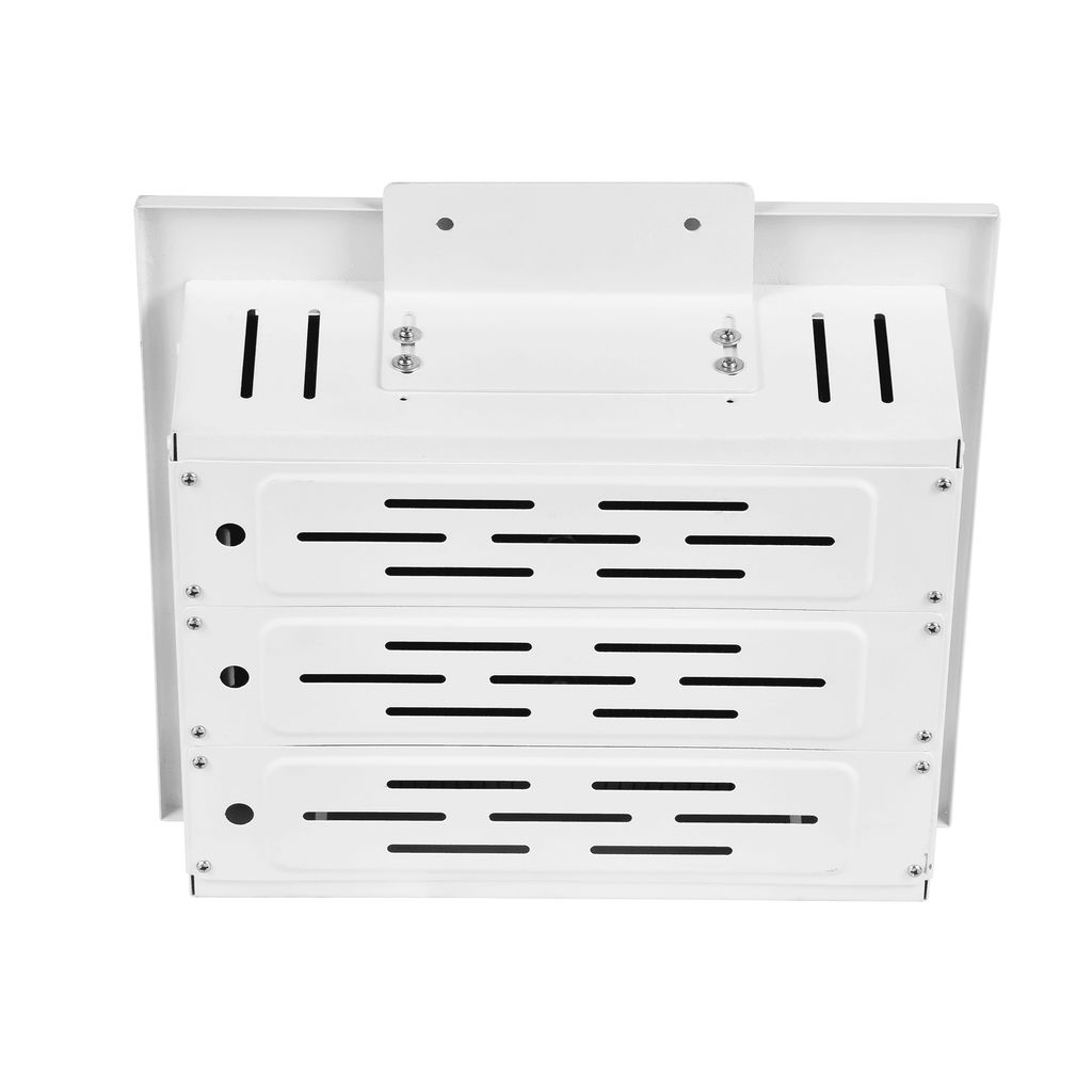 LQ1 LED Gas Station Canopy Light Back View on White Background Showing Horizontal Louvered Ventilation Slots White Aluminum Housing Top Wide Ceiling Mount Bracket with Dual Screws and Side Rivet Edges for Recessed Canopy Installation
