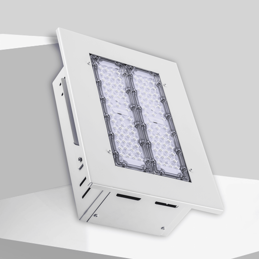 LQ1 LED Gas Station Canopy Light Recessed Square White Aluminum Housing Installed Outdoors in Gas Station Canopy Ceiling Showing Bright White Illumination for Petrol Station Lighting

