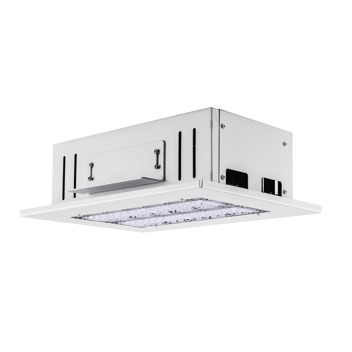 LQ1 LED Gas Station Canopy Light Side Rear Isometric View on White Background Showing White Steel Recessed Box Housing with Dual U-Hook Top Suspension Brackets Three Side Ventilation Slots and Dual LED Module Panel for Canopy Ceiling Recessed Mount
